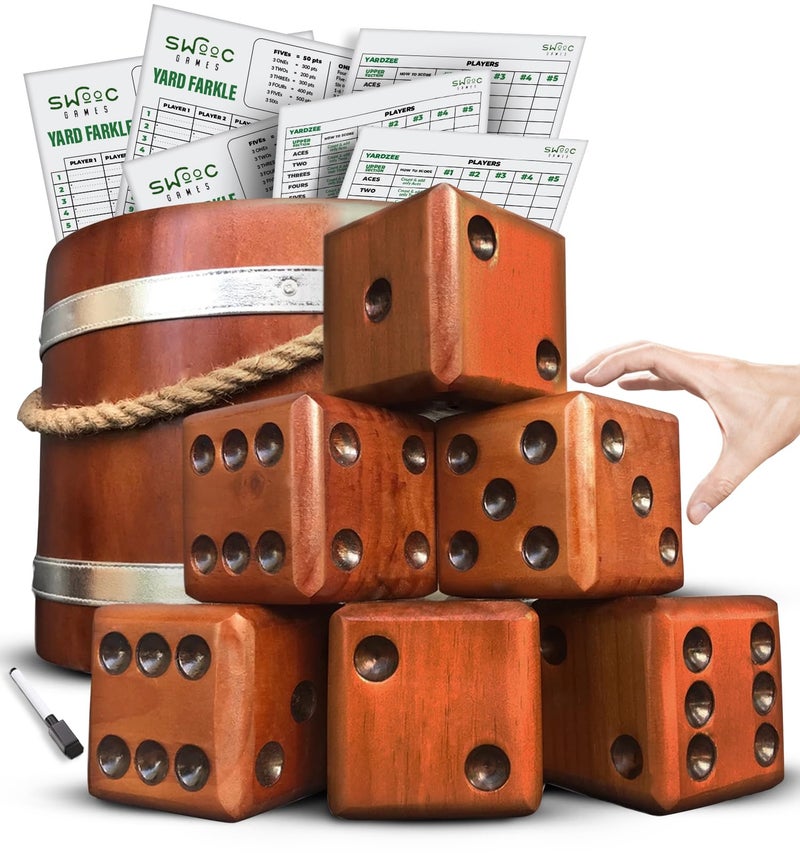 SWOOC Games - Yardzee, Farkle & 20+ Giant Dice Games (All Weather) Yard Dice with Wooden Bucket, 5 Scorecards & Marker - Jumbo Dice Yard Game - Extra Large Yard Games for Adults - Jumbo Lawn Games - Image 1